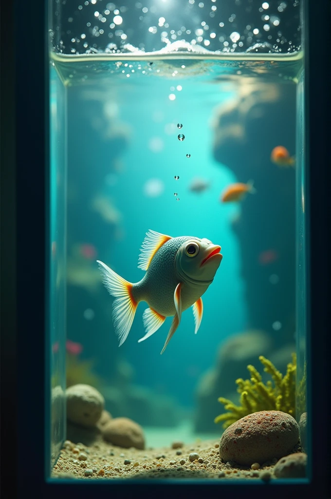 Sad fish in a small aquarium jumping happily to the big aquarium