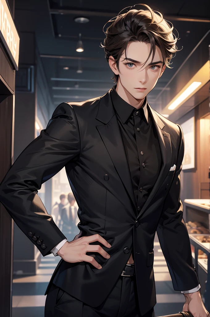 create image a cute man. Appearance: Age: 30 Hair: Light Brown, styled in a slightly tousled, short modern cut. Eyes: his black eyes are soft and innocent, resembling those of a kitten—wide and round. Face: Handsome with a youthful charm, high cheekbones, and a defined jawline. No beard. Body: Strong, athletic build, broad shoulders Clothing: A formal Black shirt and black suite