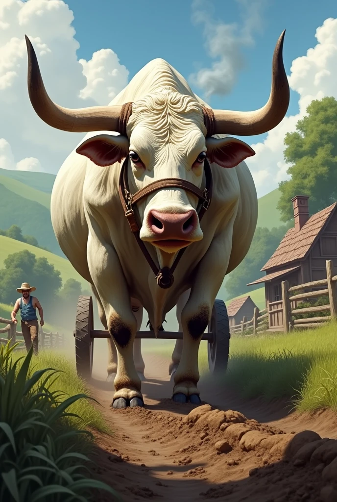 A bulk ox in white soot working in the farm to his owner