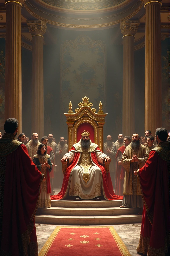 Scene of a grand court, the king is sitting on his throne, a wise minister is standing among the crowd of courtiers.