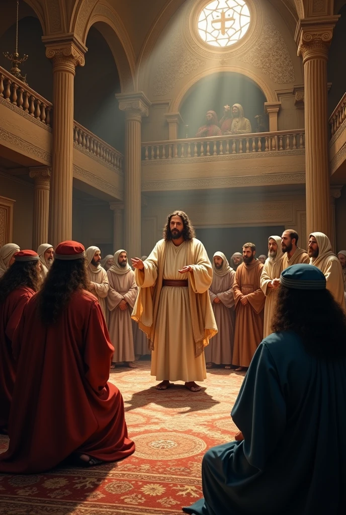 An image of a synagogue from the inside,with Jesus and his disciples,with the torah scroll,with the menorah,Jesus and his disciples wearing Jewish clothing,watching Jesus' sermon.