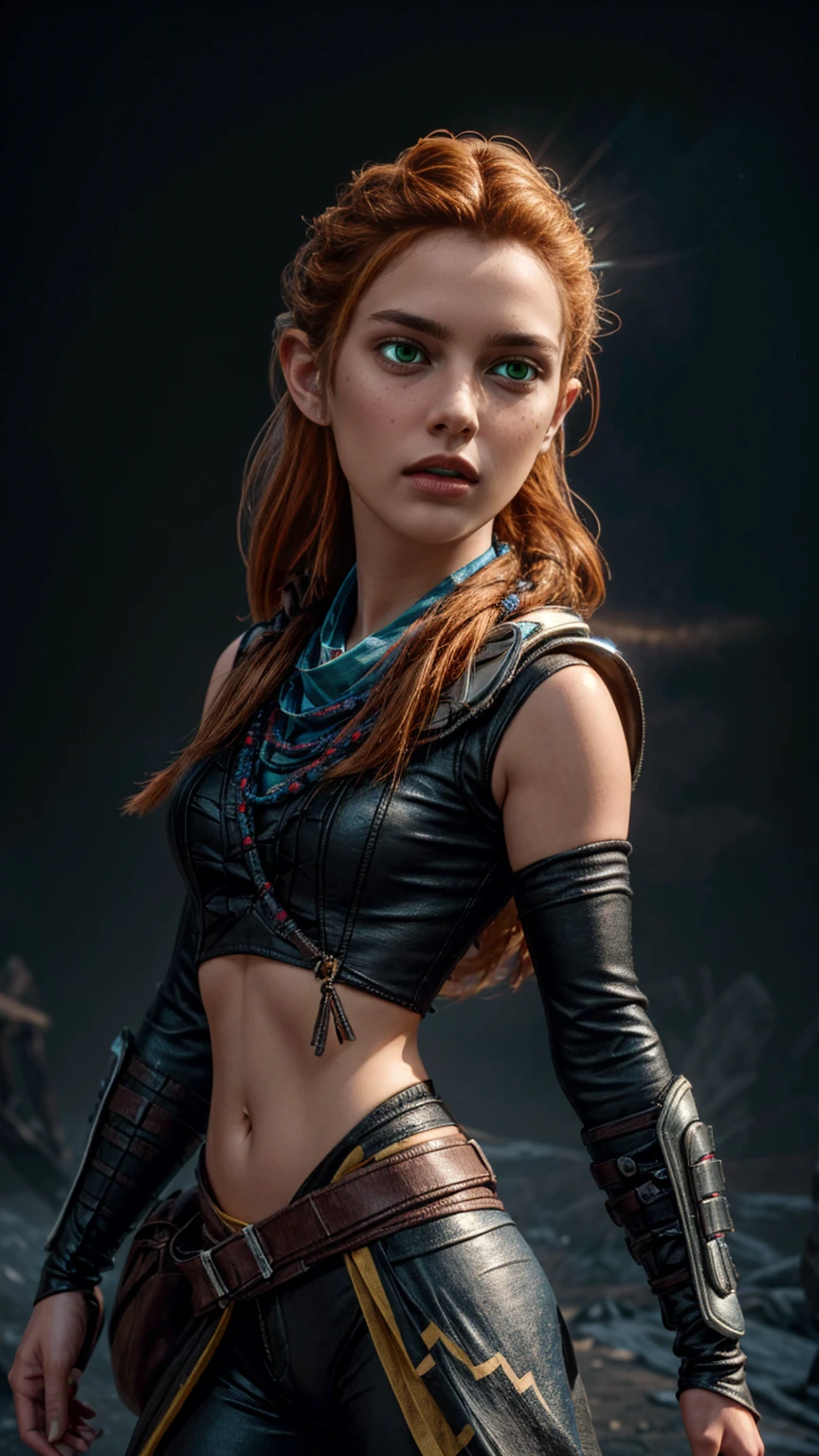 beautiful detailed eyes, beautiful detailed lips, extremely detailed eyes and face, long eyelashes, 1girl, cosplay, Kim Possible cosplays as Aloy from Horizon games, intricate detailed costume, high quality 3D render, cinematic lighting, 2000s era American cartoon style, hyper detailed, vibrant colors, warm lighting, dramatic pose, dynamic action, epic fantasy, (wide angle:1.32), (full length portrait:1.27), (small head) 