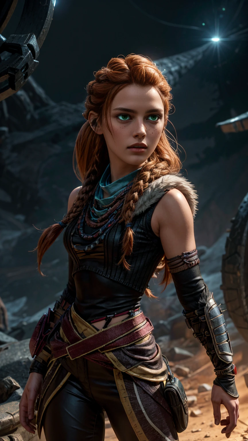 beautiful detailed eyes, beautiful detailed lips, extremely detailed eyes and face, long eyelashes, 1girl, cosplay, Kim Possible cosplays as Aloy from Horizon games, intricate detailed costume, high quality 3D render, cinematic lighting, 2000s era American cartoon style, hyper detailed, vibrant colors, warm lighting, dramatic pose, dynamic action, epic fantasy, (wide angle:1.32), (full length portrait:1.27), (small head) 