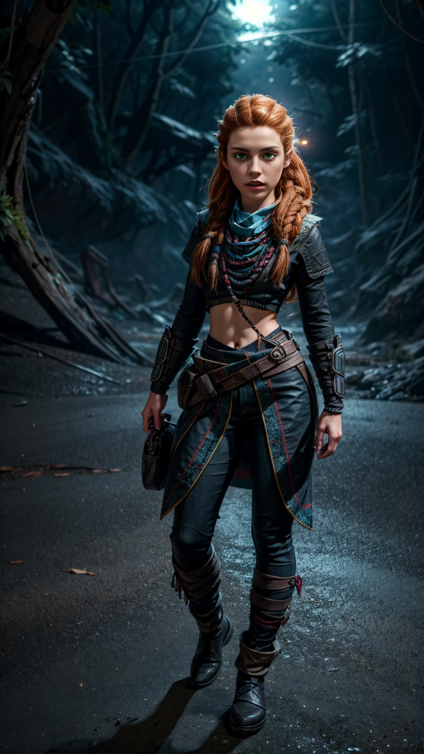 beautiful detailed eyes, beautiful detailed lips, extremely detailed eyes and face, long eyelashes, 1girl, cosplay, Kim Possible cosplays as Aloy from Horizon games, intricate detailed costume, high quality 3D render, cinematic lighting, 2000s era American cartoon style, hyper detailed, vibrant colors, warm lighting, dramatic pose, dynamic action, epic fantasy, (wide angle:1.32), (full length portrait:1.27), (small head) 