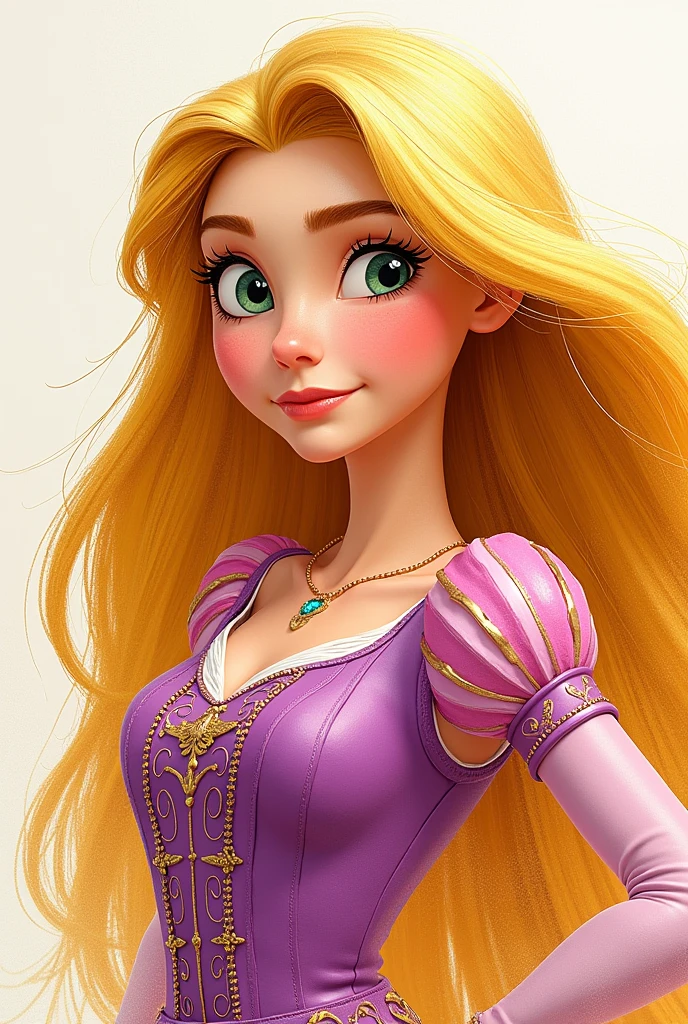 Disney's Rapunzel, representing his personality with his pose , half body ,let your hair surround the image , brave look in crayon and pencil