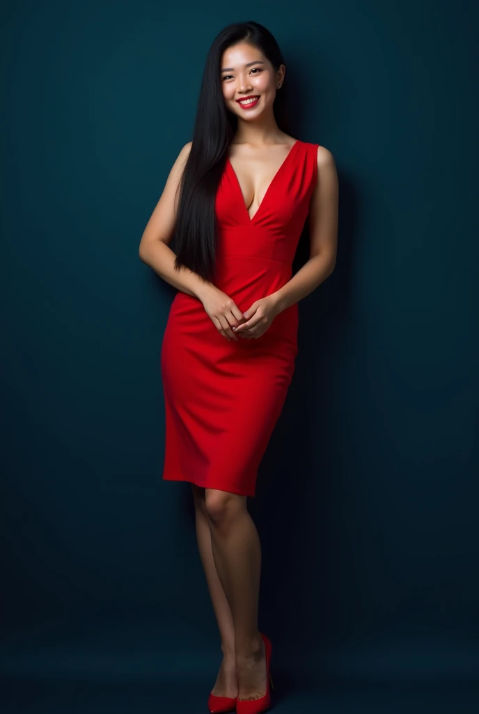 Create a full body beautiful Thai women smiling wearing a red dress chronicles and red high heels black long straight hairstyles standing posting on the dark blue background looking at the camera photography