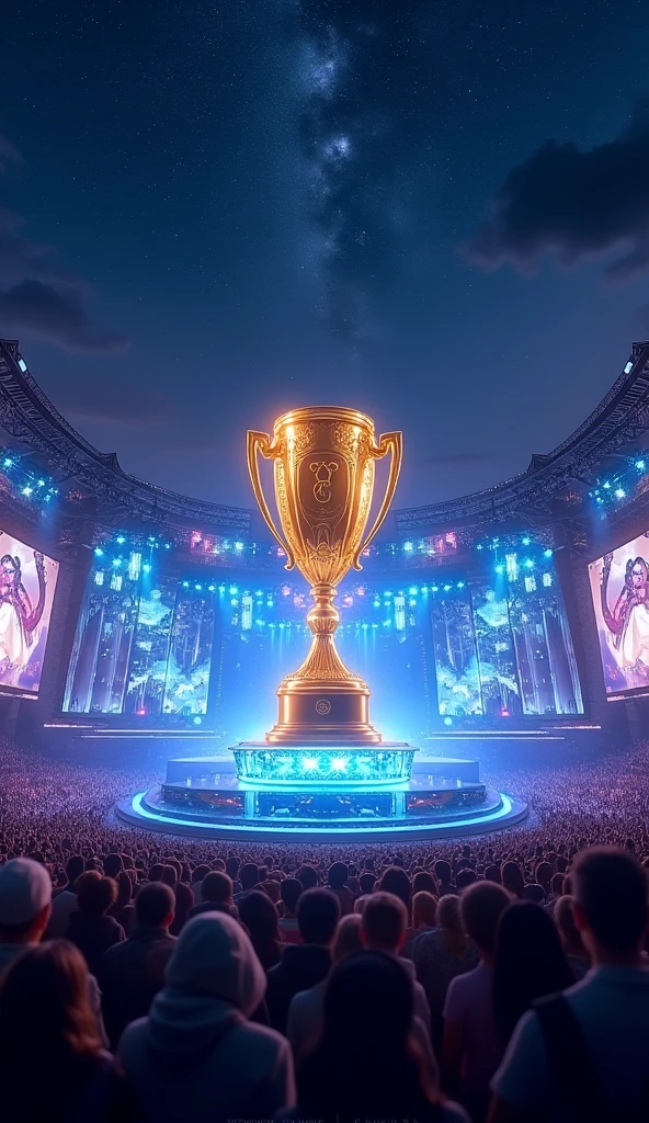 This is a huge open air concert，You can see the sky at night.There is a huge stage in the middle.，A golden trophy statue is attached to a small crystal base in the center of the stage.Full of technology，There are multiple small horizontal LED screens on the stage.The overall layout emphasizes grandeur, Cohesive design, Intense competition