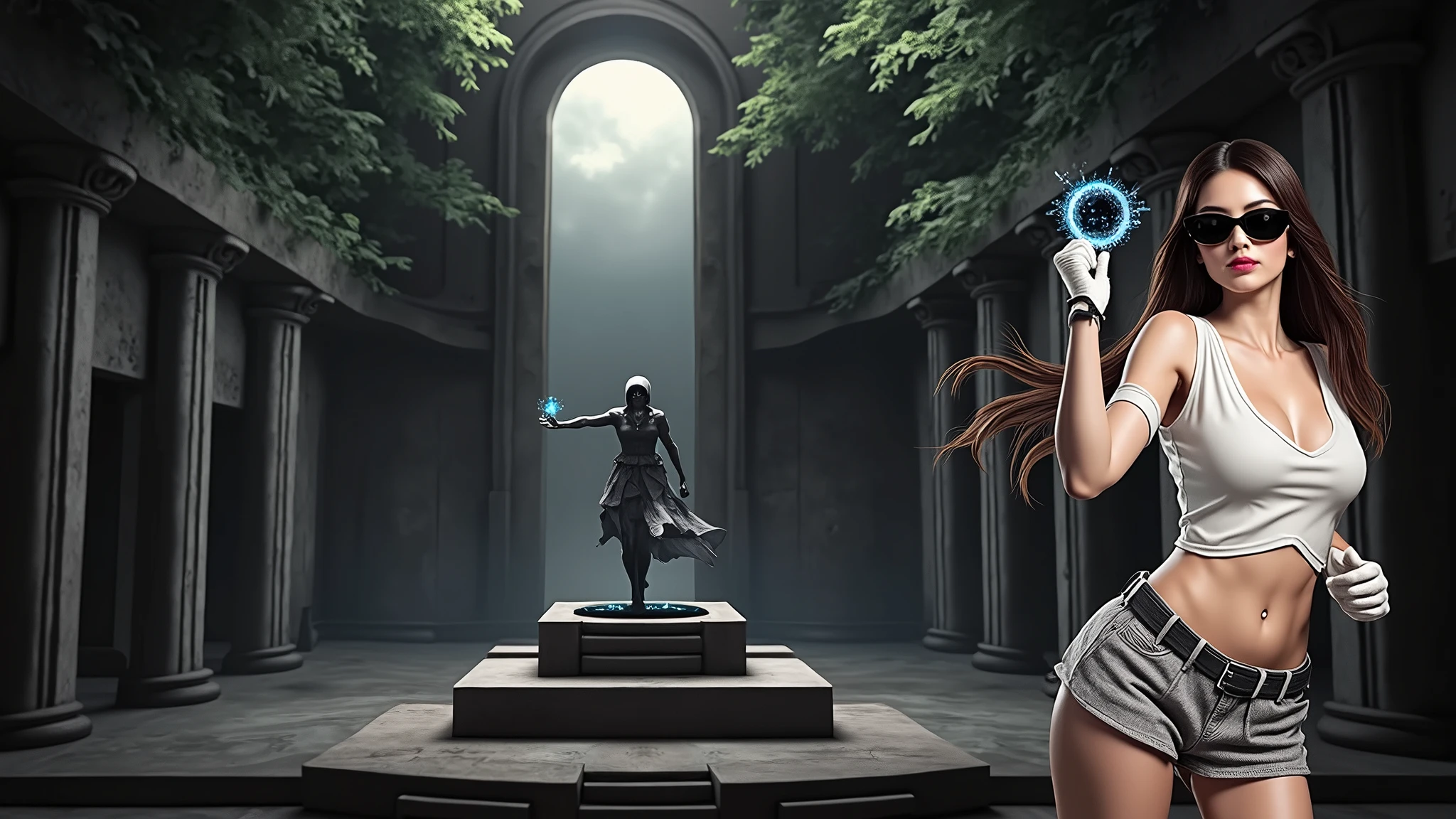 A young futuristic female sorcerer with a glowing floating small crystal stone, releasing mysterial spell and magical power, facing and defeating dark forces and beings. She stands with her right hand raised forward with a blue fire of light, at night, (1girl, solo, alone), photorealistic, large-breast slim:0.6 body, oval:0.5 face, cleavage:1.1, very low angle view of pleated miniskirt, deep-v, (upskirt), glove, (Matrix style black micro sunglasses), dynamic running pose, (half-body thigh level close-up shot), cinematic lighting, ray tracing, motion blur background.