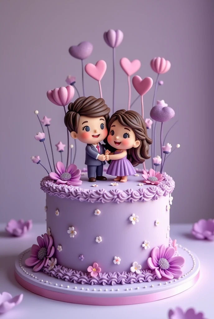 purple cake design with couple cartoon