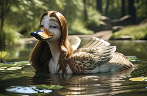 ((Naked)), ((Solo woman outside near a pond)), pale,full pov, ((freckled)), ((big freckles)), cute freckles, ((nose freckles)), ((hint of freckles)), ((woman with freckles)), ((shoulder freckles)), ((freckles!!!)), ((freckled arms)), ((back freckles)), ((freckled chest!!!)), ((light cute freckles)), ((sparse freckles)), ((mouth turns into duck bill)), ((duck bill muzzle)), ((fluffy)), fluffy woman, ((body feathers)), two-tone fur, gaze at the viewer, half-closed eyes, 1girl, solo, full body, (masterpiece:1.21), (best quality:1.2), (illustration:1.2), (cinematic lighting:1.3), ((detailed fur)), balanced coloring, global illumination, ray tracing, good lighting, center focus, ((arms turns into wings)), (a duck that is standing in the water, cinematic cgsociety, glorious long blond hair, promo image, inspired by Peter Rockwell, has a very realistic look to it, inspired by E. T. A. Hoffmann, neat hair, photograph captured in the woods, shag haircut))