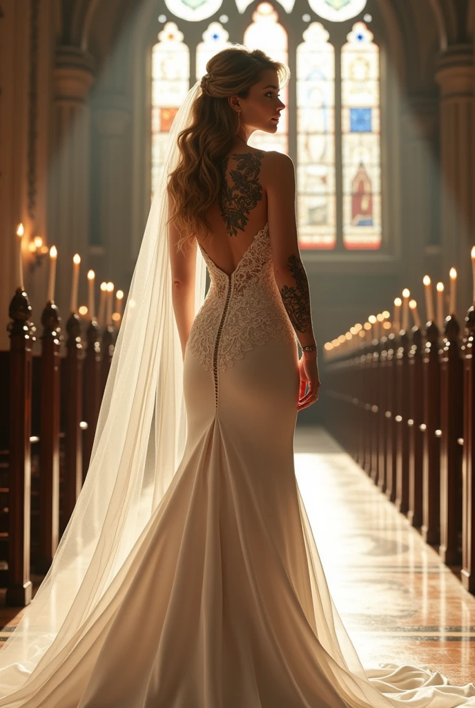 Bride at the altar with tattoo 
