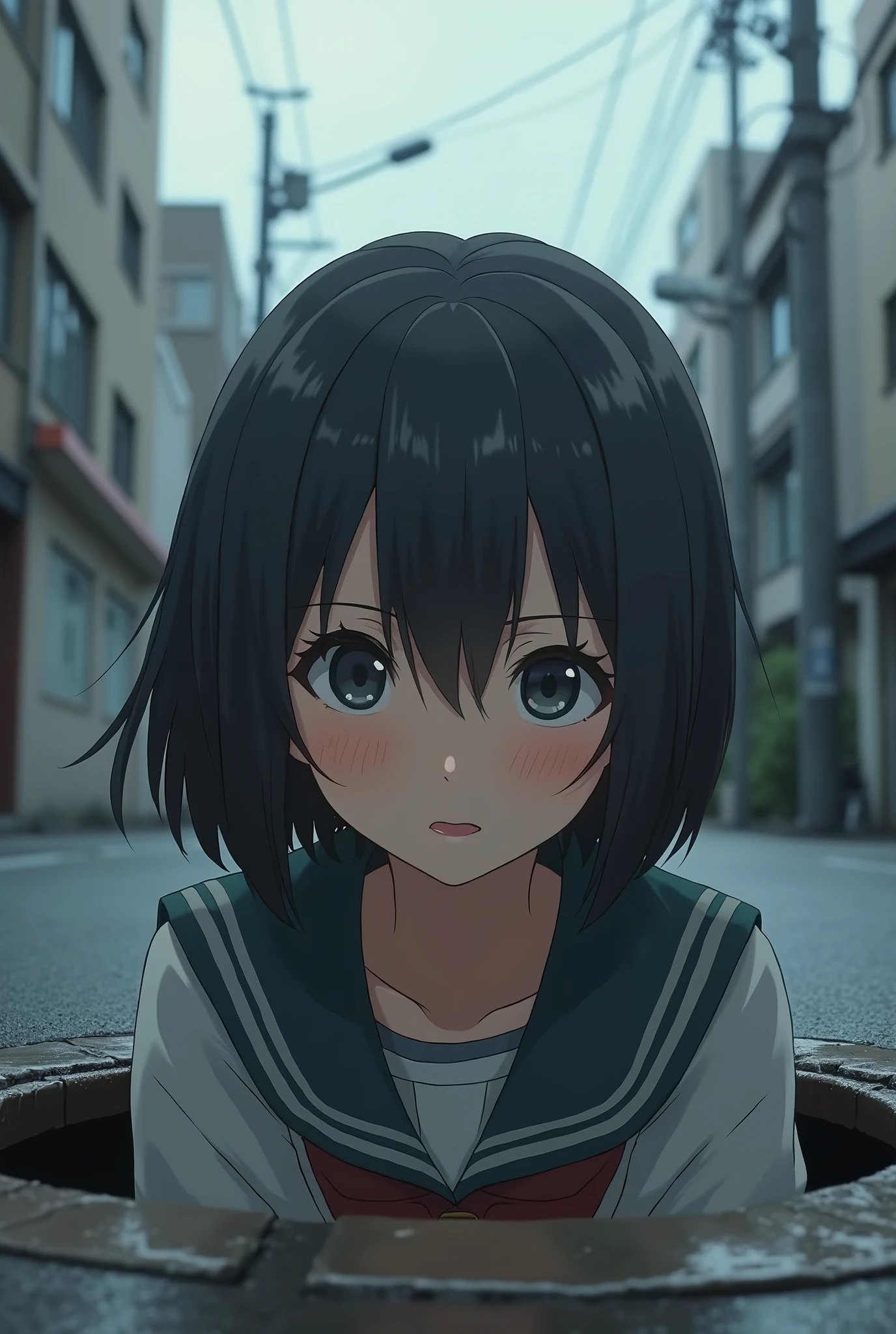 High school girl gets stuck in manhole、Black Hair、Bobcut、Beautiful Face、Japanese、Real、Cloudy
