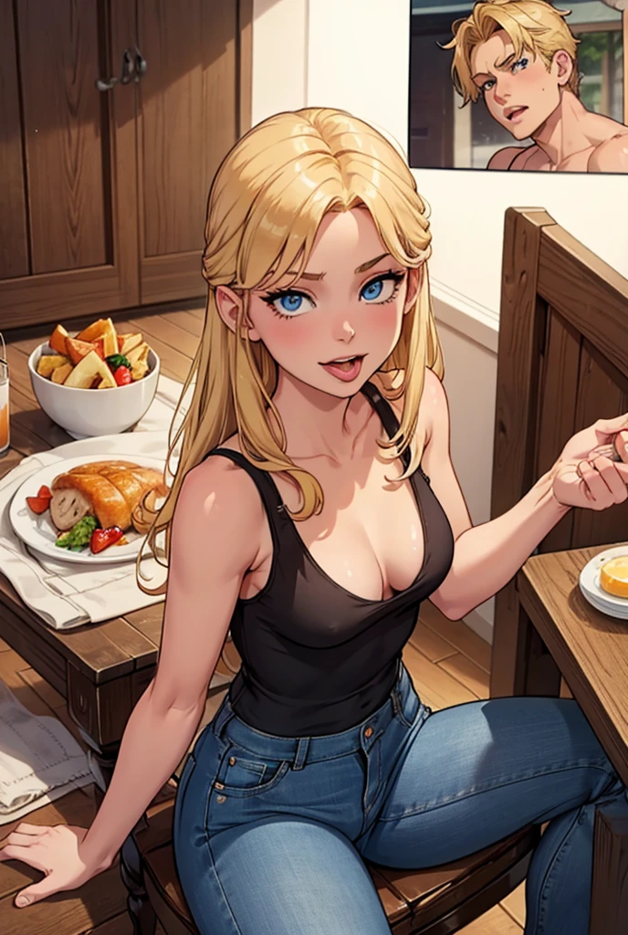 A blonde with blue eyes wearing only a semi-transparent tank top without a bra sitting on a wooden chair with a breakfast table in front of her., the girl has her jean shorts pulled down and her red panties are at calf height, at the bottom of the table there is a boy licking her vagina, the kitten is looking up with her tongue out and her face flushed, Top view of the artwork showing the boy under the table and the breakfast environment, the girl is naked wearing transparent clothes