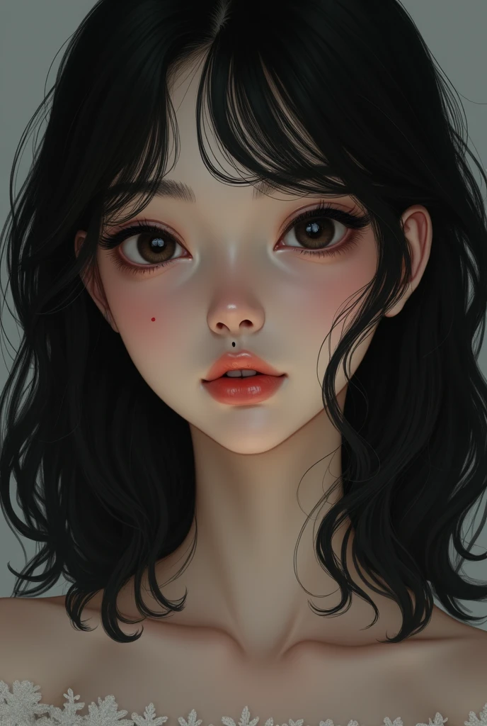 brunette girl , with shoulder-length black wavy hair, medium compñexion, Very small, slanted black eyes with a mole between them on the bridge of the nose, small and flat nose, small mouth with full lips and a perfect cupid&#39;s bow, a lump on the right cheek 
