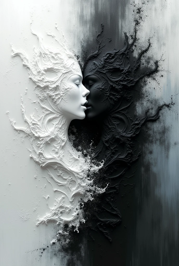 Create an image where the white color is attacked by the black color, where black did not exist before and white begins to take over. Represented with paint and porcelain texture. And that everything comes out through the cracks of a broken mirror and that reflections are seen. Black is elegant and powerful. White is pure and delicate, the mirror must be fragmented and the colors come out of it.