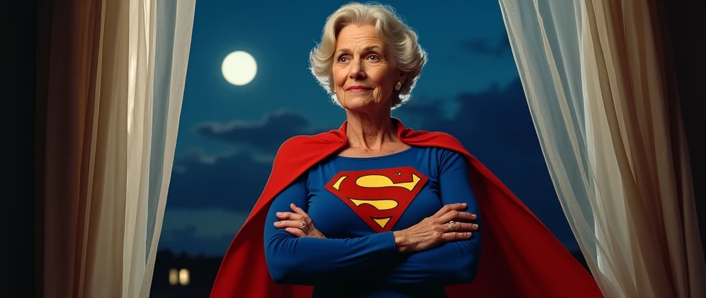 (((very beautiful old Supergirl (((1984s Supergirl movie costume))) Julie Hagerty))) Super old woman Julie Hagerty; confident, powerful, indestructible, attractive; big and firm chest; strong breasts; arms crossed. floating outside in front of a window; full body view; straight body; view from inside to outside, full body fluttering curtains, night, cinematic lighting, dramatic pose, beautiful detailed eyes, beautiful detailed lips, extremely detailed face and features, elegant, graceful, flowing cape, vibrant colors, hyperrealistic, 8k, high quality, intricate details, photorealistic, masterpiece