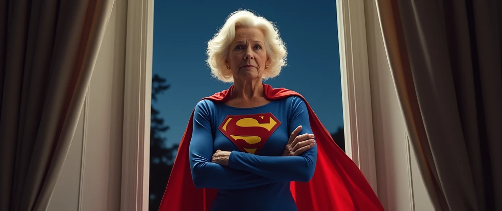 (((very beautiful old Supergirl (((1984s Supergirl movie costume))) Julie Hagerty))) Super old woman Julie Hagerty; confident, powerful, indestructible, attractive; big and firm chest; strong breasts; arms crossed. floating outside in front of a window; full body view; straight body; view from inside to outside, full body fluttering curtains, night, cinematic lighting, dramatic pose, beautiful detailed eyes, beautiful detailed lips, extremely detailed face and features, elegant, graceful, flowing cape, vibrant colors, hyperrealistic, 8k, high quality, intricate details, photorealistic, masterpiece