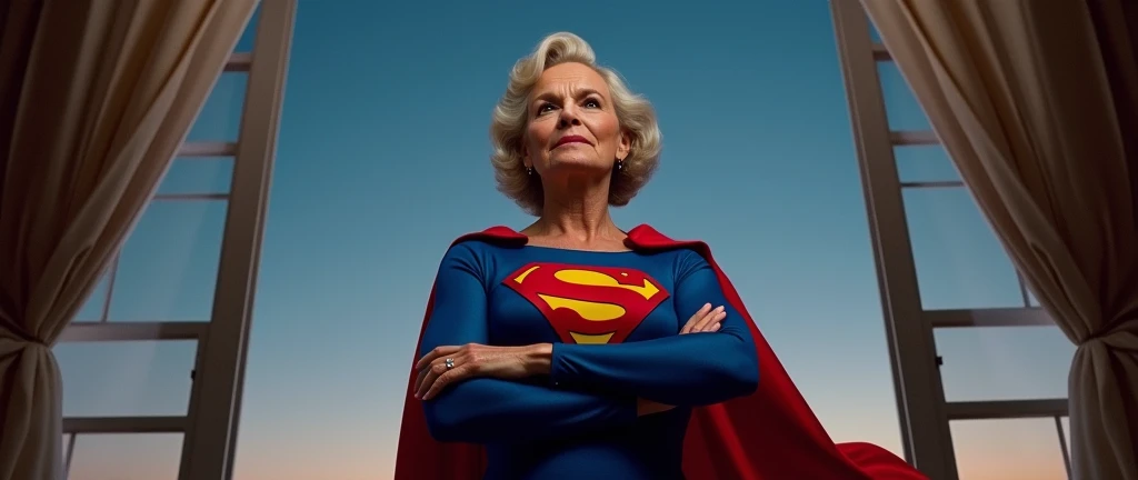 (((very beautiful old Supergirl (((1984s Supergirl movie costume))) Julie Hagerty))) Super old woman Julie Hagerty; confident, powerful, indestructible, attractive; big and firm chest; strong breasts; arms crossed. floating outside in front of a window; full body view; straight body; view from inside to outside, full body fluttering curtains, night, cinematic lighting, dramatic pose, beautiful detailed eyes, beautiful detailed lips, extremely detailed face and features, elegant, graceful, flowing cape, vibrant colors, hyperrealistic, 8k, high quality, intricate details, photorealistic, masterpiece