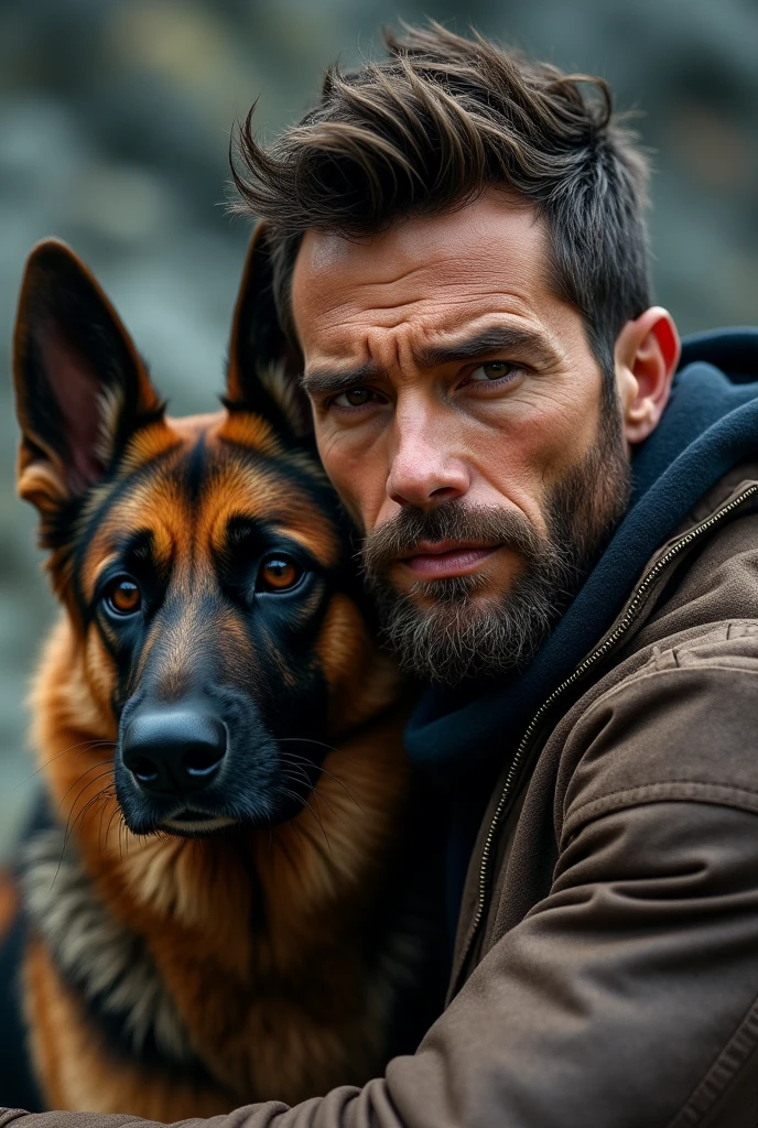 a man with a german shepherd dog, highly detailed portrait, masterpiece, hyperrealistic, 8k, photorealistic, cinematic lighting, dramatic lighting, dynamic pose, realistic fur textures, beautiful detailed eyes, beautiful detailed lips, extremely detailed face and eyes, long eyelashes, leather jacket, rugged handsome features, intense gaze, outdoor setting, rocky background, moody atmosphere, vibrant colors, dramatic lighting, dramatic shadows