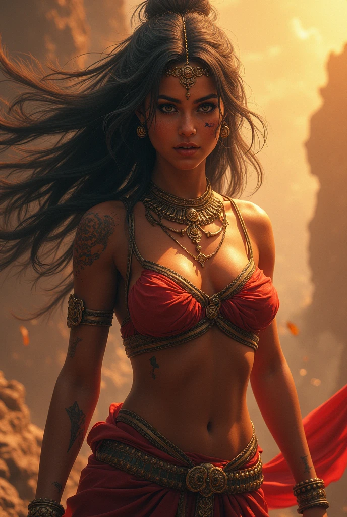 Skin color: Sati has bronze skin.
Beauty: Sati is described as beautiful, though she and Ayurvati think a battle scar makes her look ugly.
Muscularity: Sati is described as very muscular and strong.
Devi sati