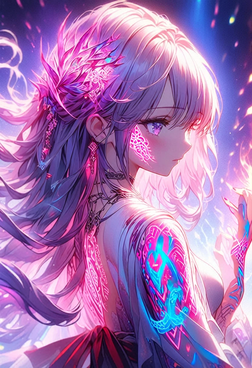 Anime screenshots、Artistic anime illustration of a woman adorned with glowing neon geometric dragon tattoos all over her body and face。Arm and leg tattoos、A mix of red and purple and fire。、It emits neon light。She has long, flowing hair。、、This scene has a dreamy soft-focus effect。、It highlights the dreamy glow of the tattoo.。、Back of hand、sit、