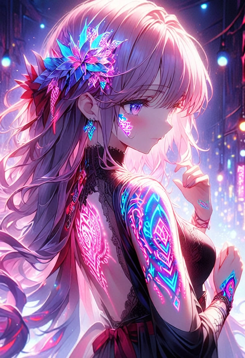 Anime screenshots、Artistic anime illustration of a woman adorned with glowing neon geometric dragon tattoos all over her body and face。Arm and leg tattoos、A mix of red and purple and fire。、It emits neon light。She has long, flowing hair。、、This scene has a dreamy soft-focus effect。、It highlights the dreamy glow of the tattoo.。、Back of hand、sit、