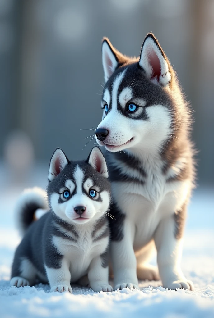 (GENERATE AN IMAGE OF THE GROWTH PROCESS OF A BLUE-EYED HUSKY PUPPY, FROM SMALL TO BIG)