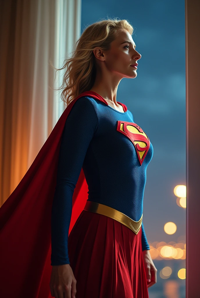 (((very beautiful old Supergirl (((1984s Supergirl movie costume))) Julie Hagerty))) Super old woman Julie Hagerty; confident, powerful, indestructible, attractive; big and firm chest; strong breasts; floating outside a window; straight body; view from inside to outside, full body fluttering curtains, night, cinematic lighting, dramatic pose, beautiful detailed eyes, beautiful detailed lips, extremely detailed face and features, elegant, graceful, flowing cape, vibrant colors, hyperrealistic, 8k, high quality, intricate details, photorealistic, masterpiece