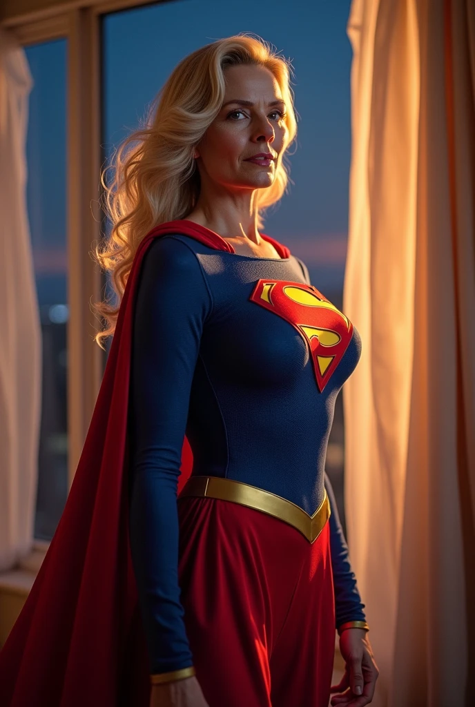 (((very beautiful old Supergirl (((1984s Supergirl movie costume))) Julie Hagerty))) Super old woman Julie Hagerty; confident, powerful, indestructible, attractive; big and firm chest; strong breasts; floating outside a window; straight body; view from inside to outside, full body fluttering curtains, night, cinematic lighting, dramatic pose, beautiful detailed eyes, beautiful detailed lips, extremely detailed face and features, elegant, graceful, flowing cape, vibrant colors, hyperrealistic, 8k, high quality, intricate details, photorealistic, masterpiece