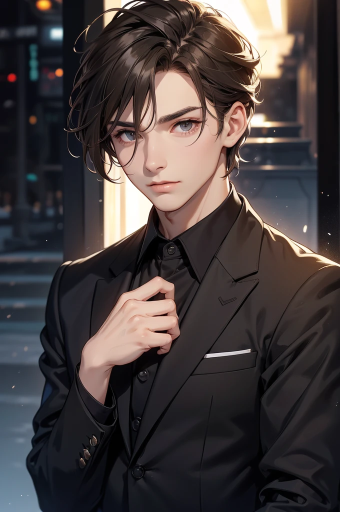 create image a cute man. Appearance: Age: 30 Hair: Light Brown, styled in a slightly tousled, short modern under cut. Eyes: his black eyes are soft and innocent, resembling those of a kitten—wide and round. Face: Handsome with a youthful charm, high cheekbones, and a defined jawline. No beard. Body: Strong, athletic build, broad shoulders Clothing: A formal Black shirt and black suite. Masculine