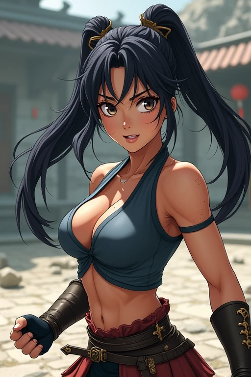 Woman warrior、anime、Upper body close-up、gloves、Utility Belt、Sweat、(Stone outdoor arena)、Trained biceps、Twin tails、(Chinese clothing)、Shoulder Armor、head band、Black Hair