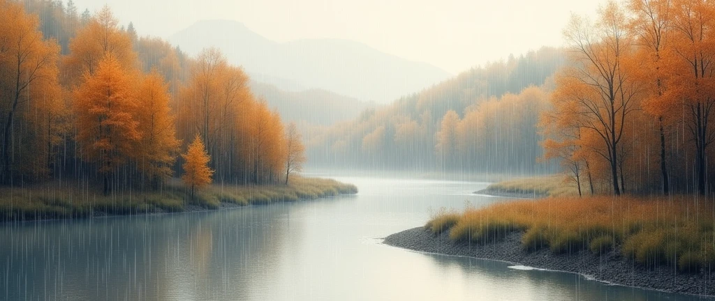 Dark Autumn rain,river, Fall Lofi, landscape,water color