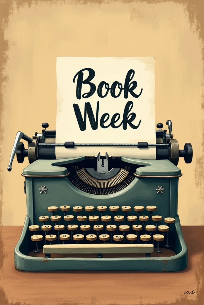 Image of the book week that is a typewriter and that on the sheet that is coming out of the typewriter it says "Book Week" and it looks lively but vintage