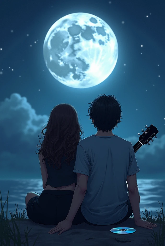 You can make two people sitting watching the most beautiful full moon they have ever seen., The woman is brunette, I want her to look brunette and have wavy hair and the man is a singer, He carries a black guitar and he has his hair a little long too., and with bangs in front and he is also dark, a little more than the girl, They are sitting and next to them there is a CD of a song lying around, that they look together and happy in the photo, but they are a forbidden love. For clothes she has to have something black, a skirt and a top and he has to have grey shorts and a grey sleeved blouse