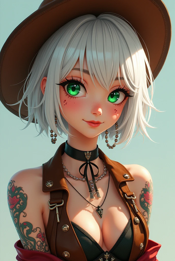 A girl with short white hair with green eyes and who is smiling with tattoos and wearing sexy cowboy clothes