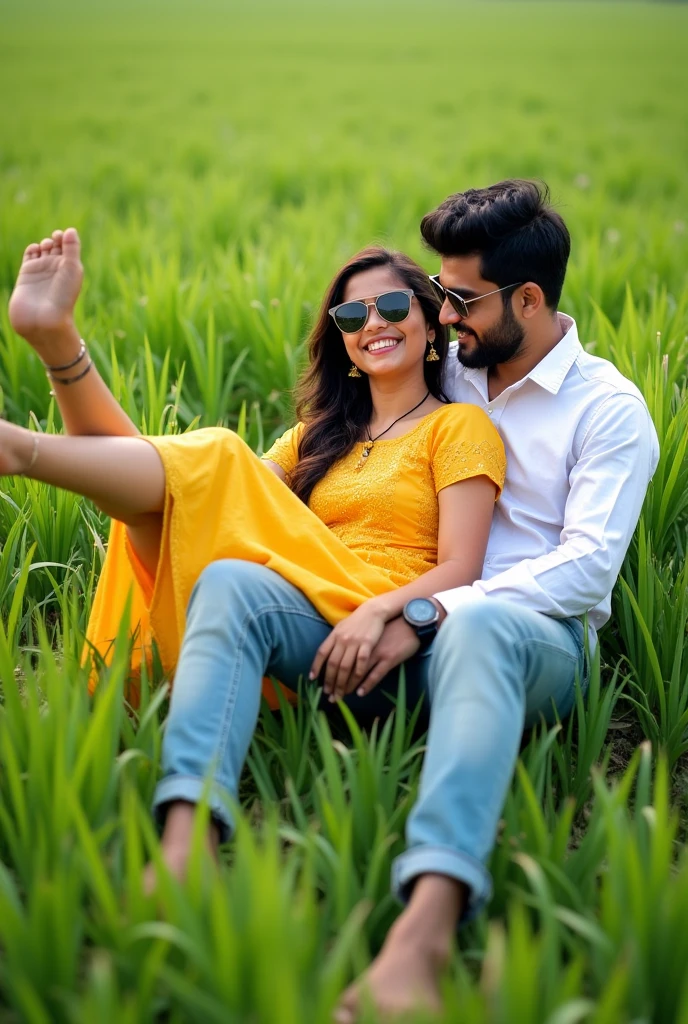 cute indian boy is the girl front chest of a  Indian old girrom both wearing sunglasses, are playfully in a plants fiel paddy plants. The woman, dressed in a vibrant yellow dress with intricate patterns, is lying on the man's lap while joyfully kicking one leg in the air. The wearing a white shirt and casually cuffed jeans, is smiling down at her as she holds her leg. The background reveals an expansive field under plants fields, 34K Ultra Quality Image