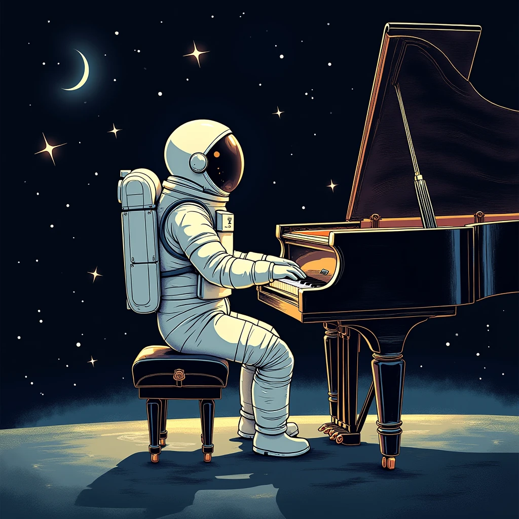 Create a logo with space in the background and an astronaut playing the piano composing a song in doodle