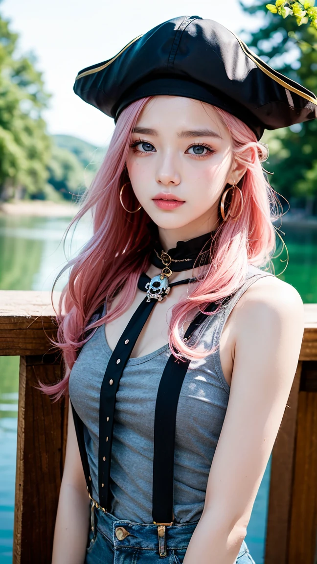 A young woman with long pink hair stands in front of a wooden structure, wearing a blue pirate hat adorned with a skull and crossbones. She is dressed in a form-fitting gray top and suspenders, with a confident expression on her face. Her bright blue eyes and golden earrings accentuate her striking features. The background features a sunny landscape with trees and water, enhancing the adventurous theme of the scene.