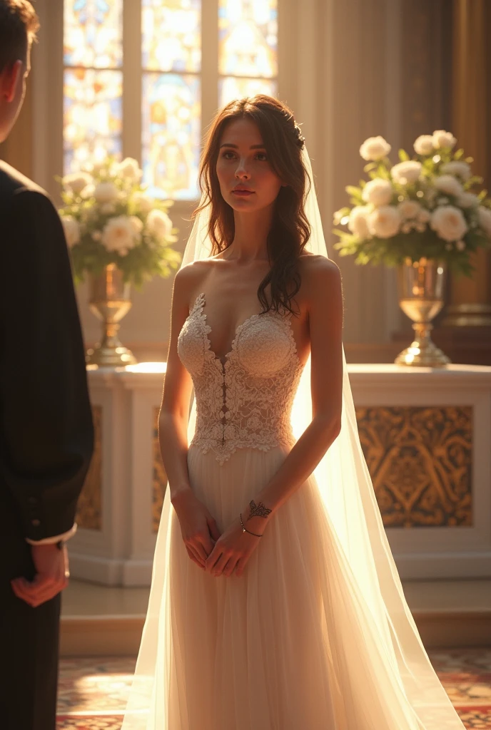 Bride at the altar with small tattoo 

