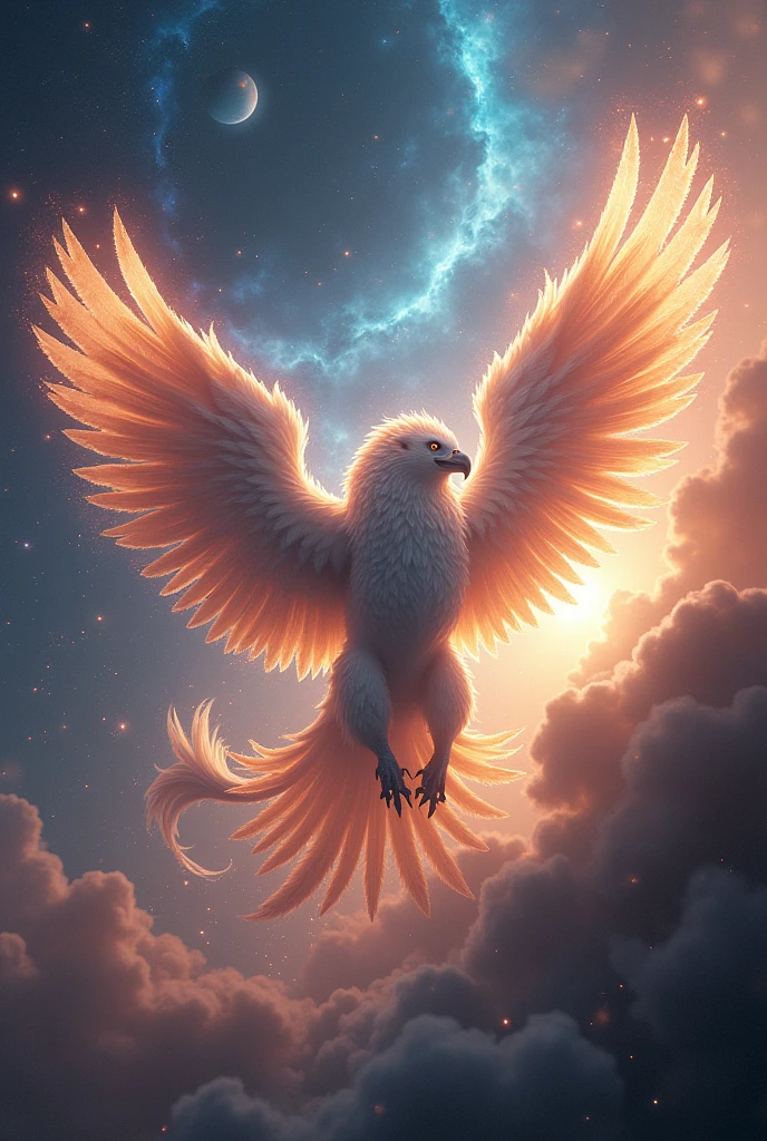 A majestic griffin flying through a cosmic space fantasy scene. The griffin, with the body of a lion and the head and wings of an eagle, has glowing feathers that reflect the light of distant stars. Surrounding it is a backdrop of vibrant nebulas and planets, with ethereal patterns on its wings. The scene combines elements of both fantasy and sci-fi, showcasing the griffin's powerful and mystical presence as it soars through the universe.