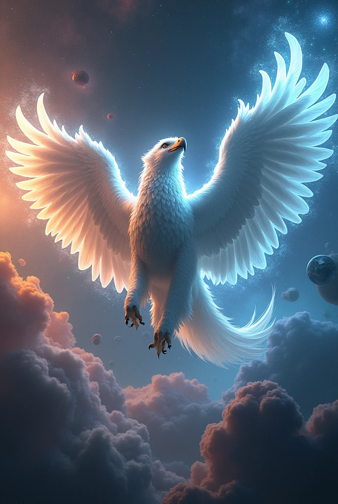 A majestic griffin flying through a cosmic space fantasy scene. The griffin, with the body of a lion and the head and wings of an eagle, has glowing feathers that reflect the light of distant stars. Surrounding it is a backdrop of vibrant nebulas and planets, with ethereal patterns on its wings. The scene combines elements of both fantasy and sci-fi, showcasing the griffin's powerful and mystical presence as it soars through the universe.
