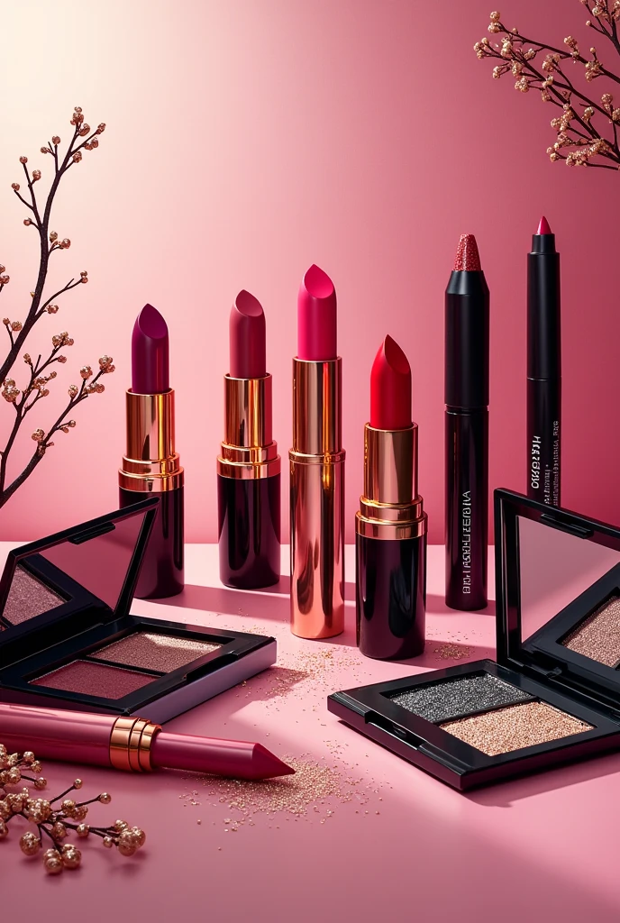 Lipsticks of different colors Eyeshadow palettes Eyeliners Helene written on the upper left side Glitters