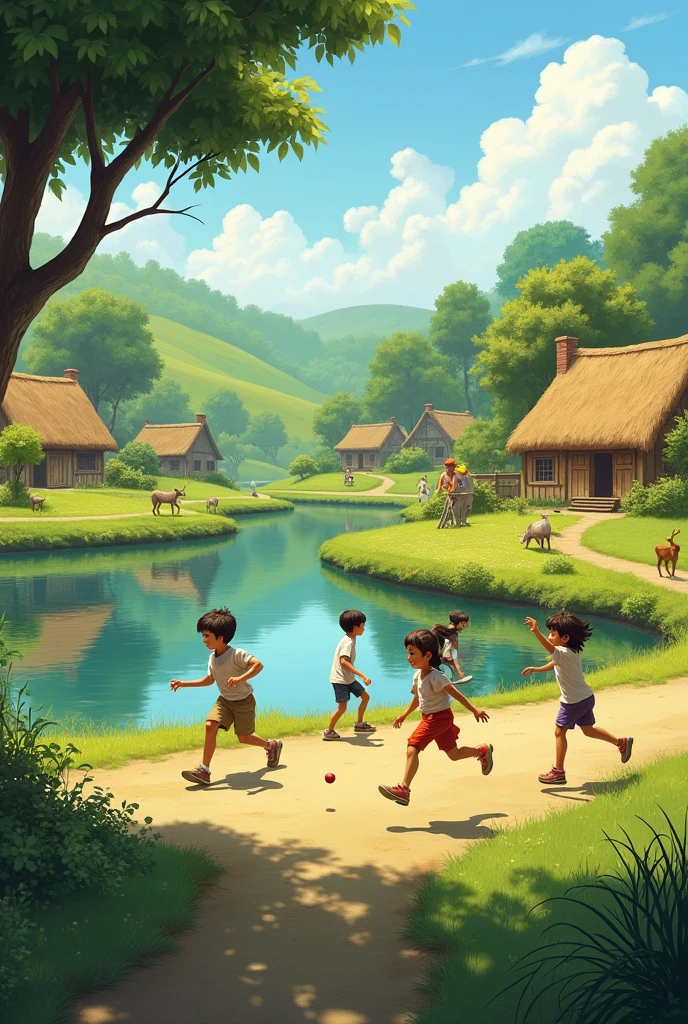 village children are playing cricket beside pond.