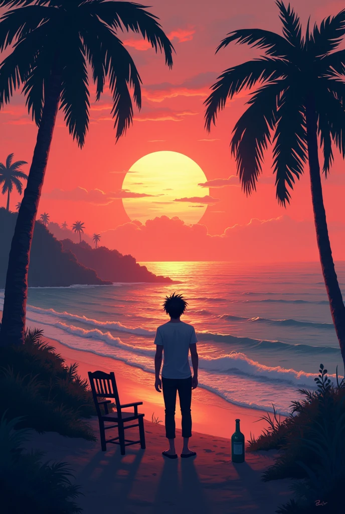 A sad man was stand coaste sea and behind fire sun light bear bottle one chair tubelight coconut tree clear pixel and smooth pic plant in background