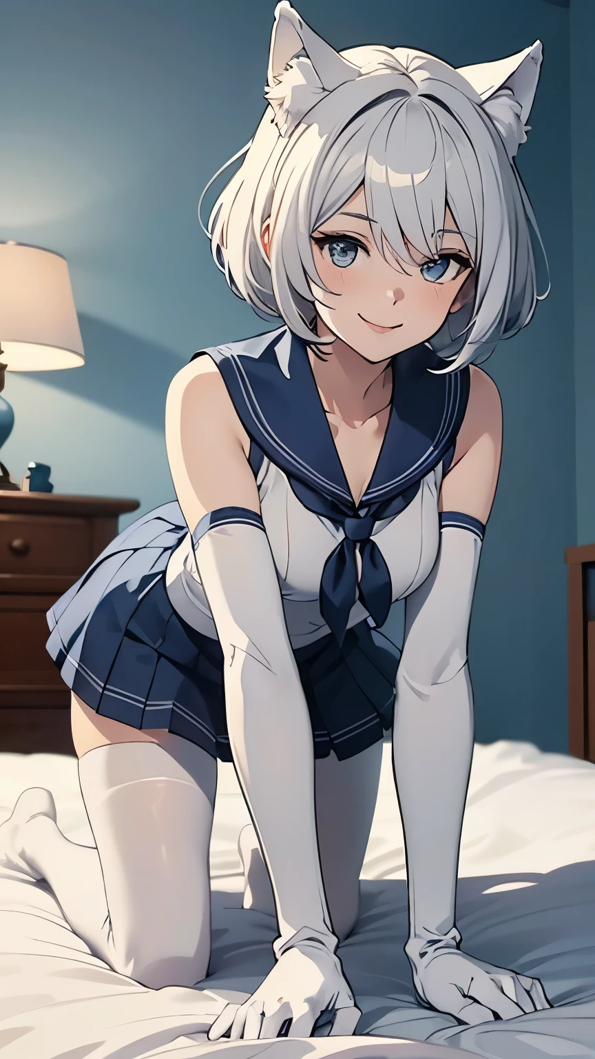 Tabletop Best image quality wonderful Attention to detail One Young Woman((Adult))Anime Style White Sailor Suit(Sleeveless) Navy blue mini skirt snow-white gloves(Elbow Gloves) White pantyhose loafers White wolf ears short hair((Shortcuts)(Gray Hair)(Curly Hair)(fluffy)) smile(Happy) Eye color is blue background(Bedroom) On all fours On the bed