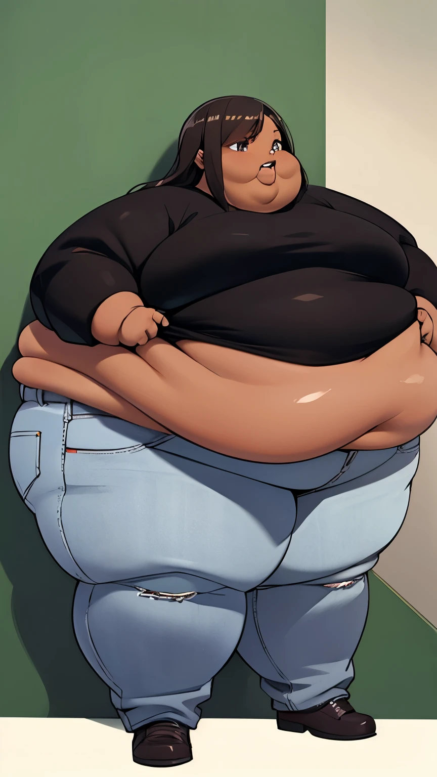 Extremely obese African-American woman, (((dark brown skin))), belly hanging, ((extremely obese)), extremely fat, belly sagging, wearing a pink crop top with long sleeves and loose jeans, fat blob, fat arms, fat face, fat limbs