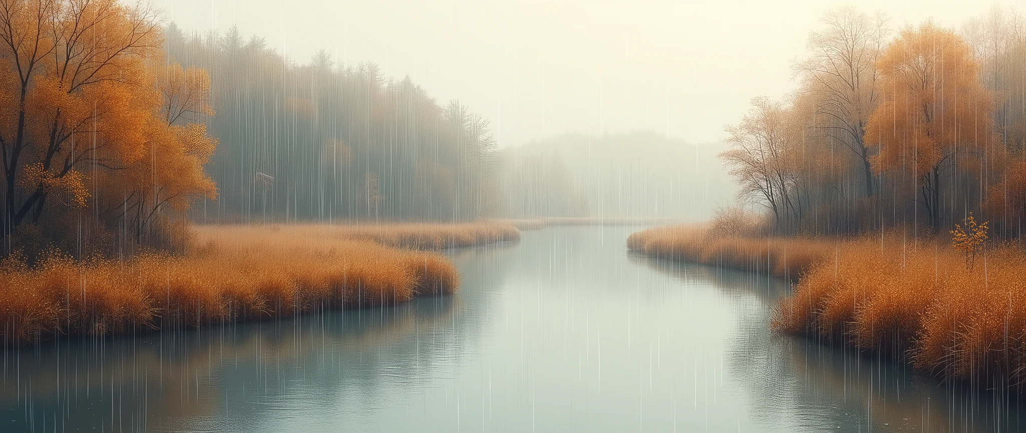 Dark Autumn rain,river, Fall Lofi, landscape,water color