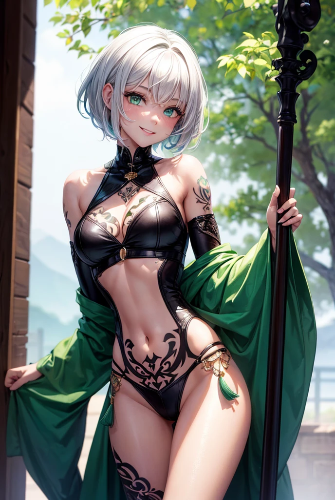 A girl with short white hair with green eyes and who is smiling with tattoos and wearing sexy cowboy clothes