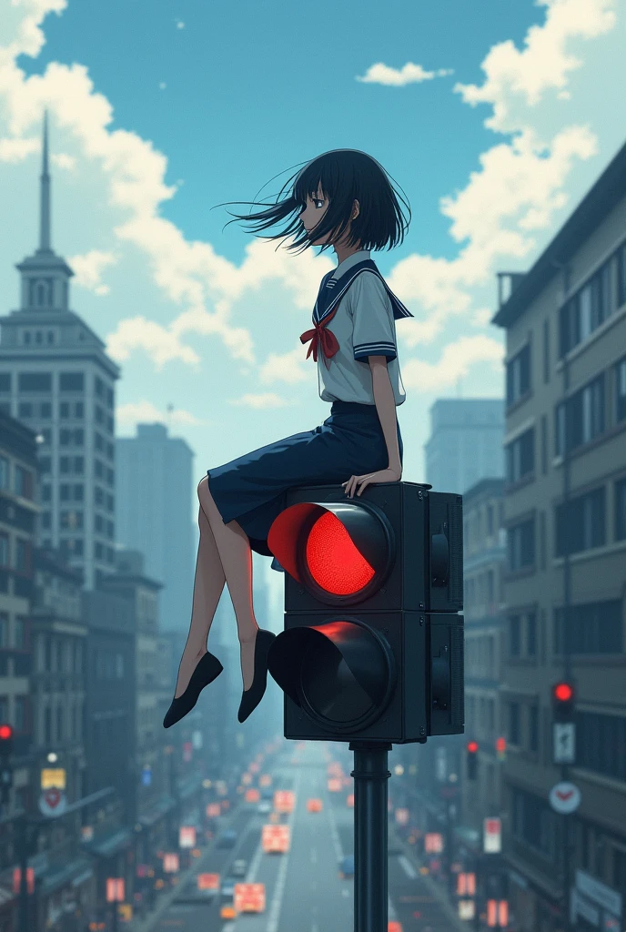 High school girl sitting on a traffic light、Black Hair、Bobcut、Beautiful Face、Japanese、Hair blowing in the wind、Real、Cloudy