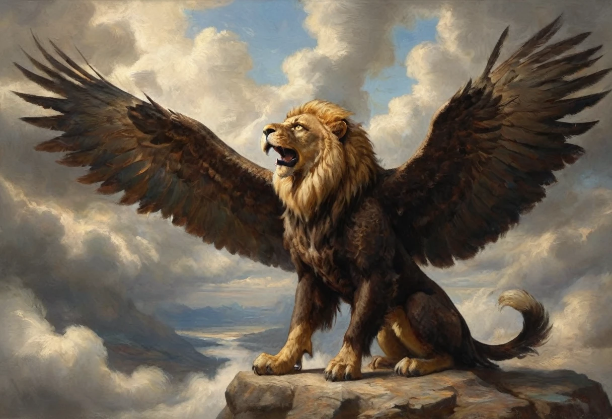 A griffin (head and mane of a white eagle, huge eagle wings attached to the shoulders, fore legs and talons of a bald eagle, body and hind legs of a lion, lion tail) flies majestically in the clouds, special note only one tail
